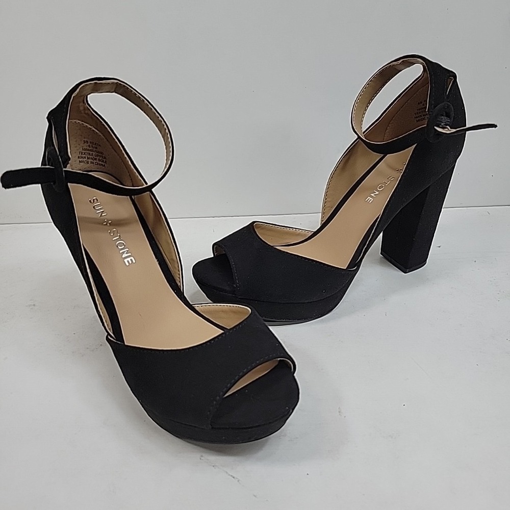 Sun + Stone Black Peep Toe Platform Heels Womens Size 6.5 Block Heel Super Cute - Picture 2 of 8